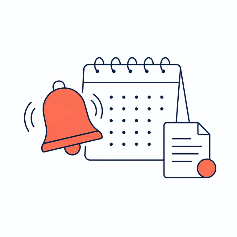 Ilustración de campana, calendario y documento con alerta