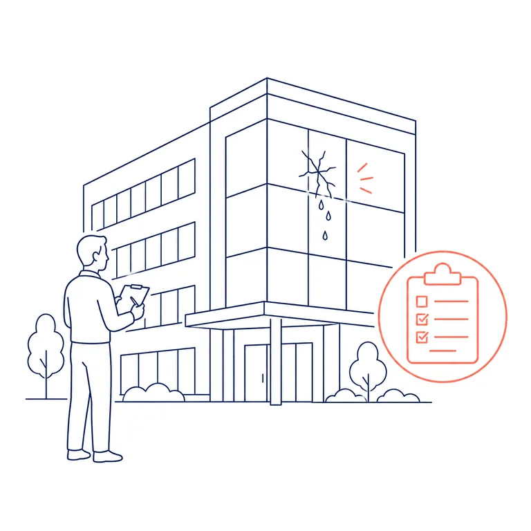 Ilustración de un edificio comercial con daño y una persona documentando el siniestro