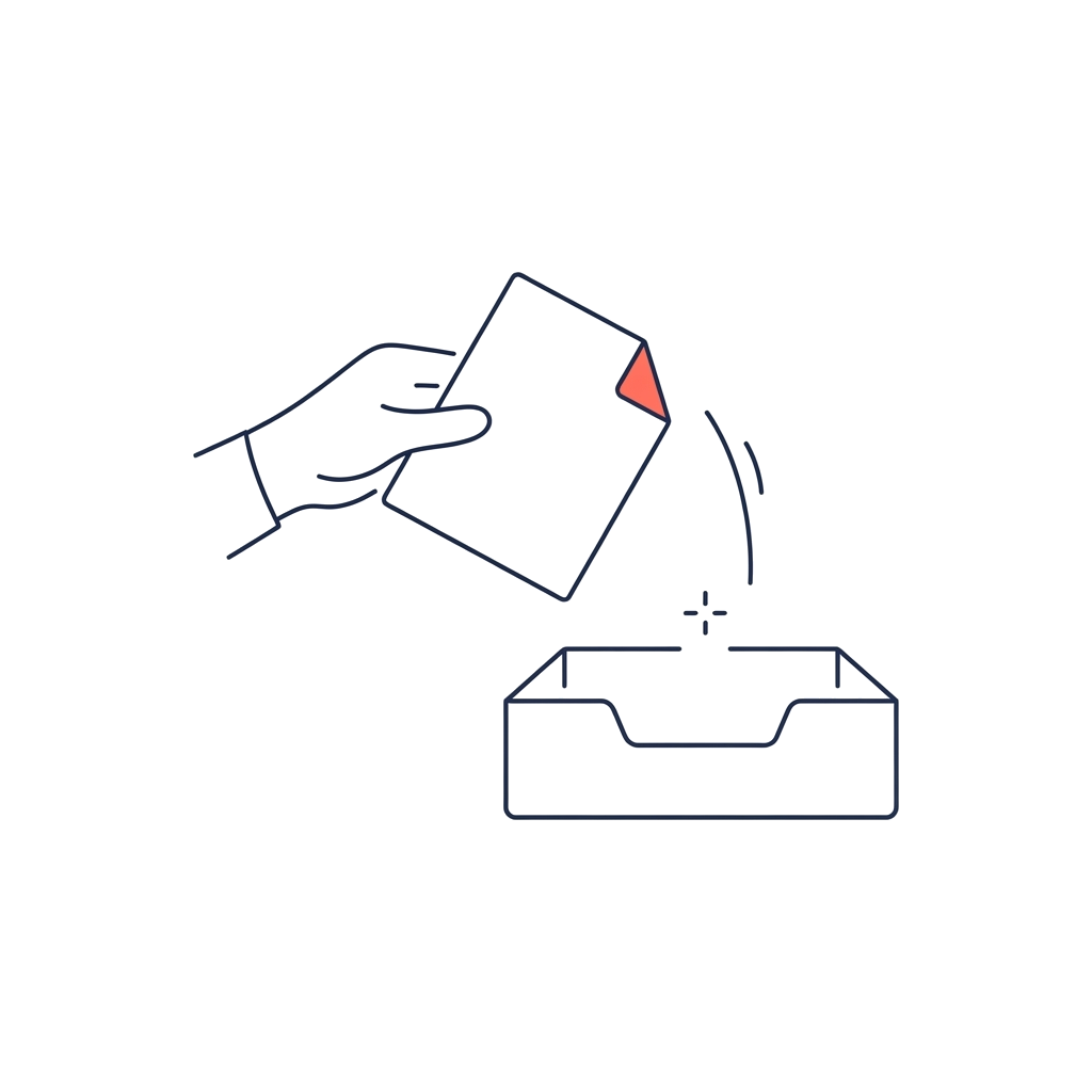 Ilustración de una mano depositando un documento en una bandeja