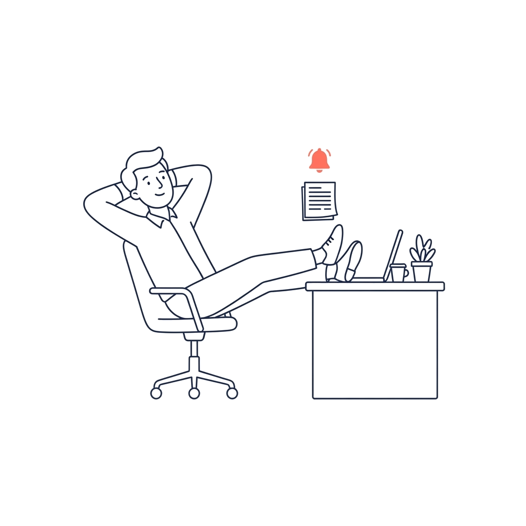 Ilustración de una persona tranquila en su escritorio con documentos ordenados
